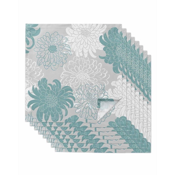 Turquoise White Floral Cloth Napkins Set of 8 Reusable Dinner Napkins, Elegant Chrysanthemum Farmhouse Cocktail Napkin Washable Table Napkins for Wedding/Holiday Party/Baby Shower 20"x20"