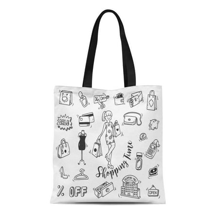 ASHLEIGH Canvas Tote Bag Drawn Shopping Time Doodle Hand Voucher Sale Retail Woman Durable Reusable Shopping Shoulder Grocery Bag