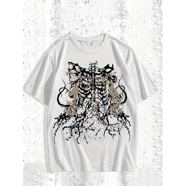 Camiseta de manga corta con cuello redondo y estampado de calavera gótica para hombre, cómoda y versátil para verano, ideal para actividades al aire libre y uso diario.