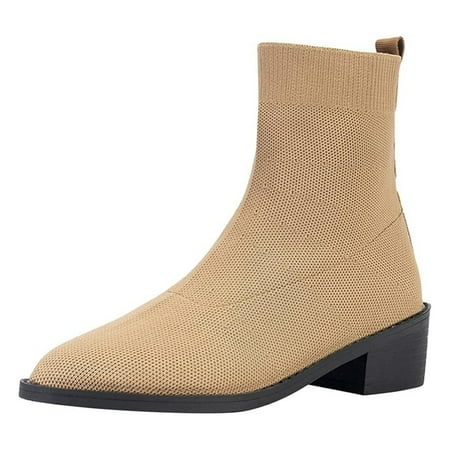 OJSFQUFP Women Ankle Boots New Women s Knitted Boots Breathable Knitted Elastic Boots Pointed Square Heel Sleeve Short Boots Rain Shoes for Women Beige 41