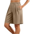 thumbnail image 5 of Vivianyo HD Women's Elastic Waist Pleated Knee Length Shorts, Straight Leg Solid Casual Mid Short Bottoms for Women, Women's Khaki, Sizes S-2XL, 5 of 5