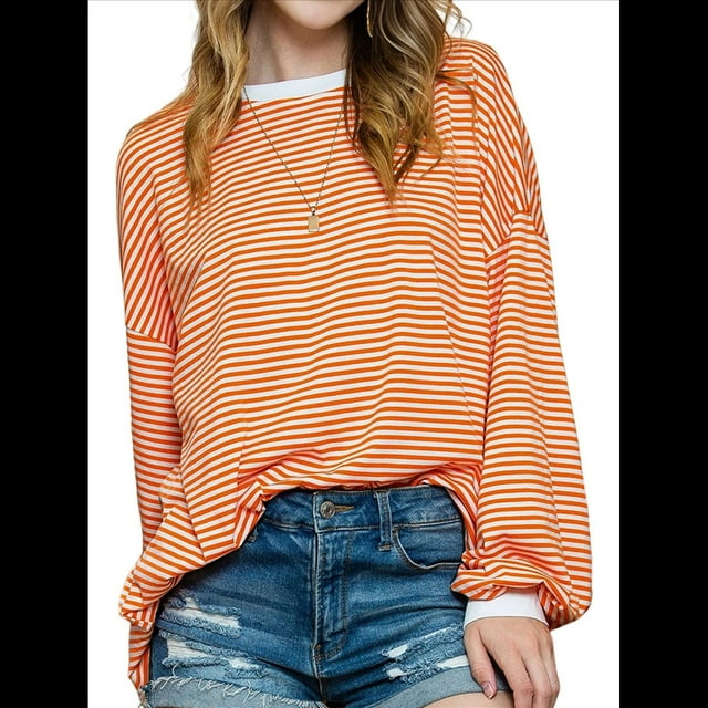 Camiseta de Larga Extragrande para Mujer, Túnica A Rayas con Bloques de Color, Sudadera Holgada de Otoño con Cuello Redondo Naranja M