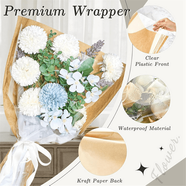 50Pcs Flower Bouquet Bags With Ribbons - Kraft Paper Sleeves For Florist Wedding Birthday Mother's Day