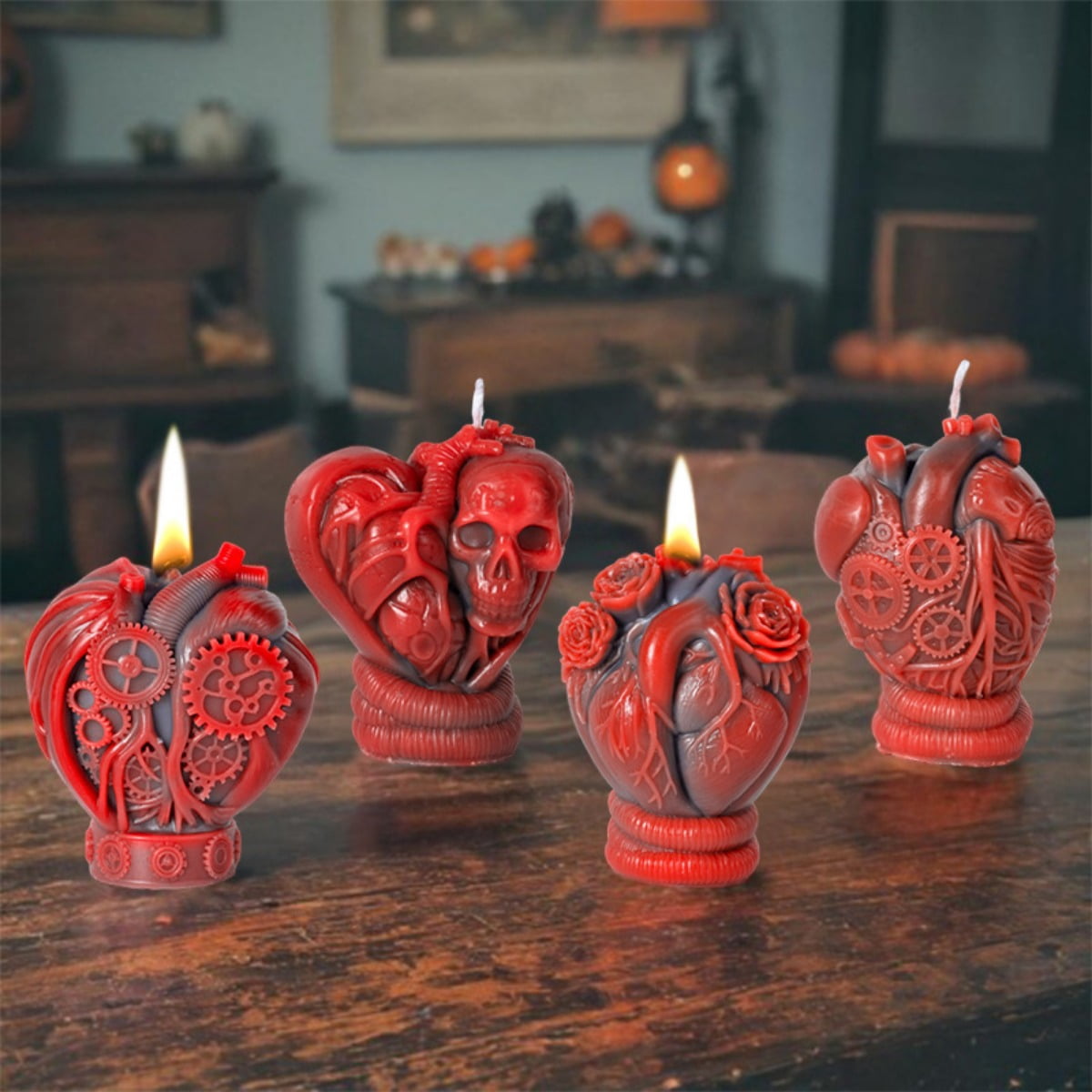 4 Pieces of Halloween Mechanical Heart Scented Candles, A Strange Skull Heart Silicone Mold - Used for Creating Mechanical Heart Design Molds for Halloween Decorations