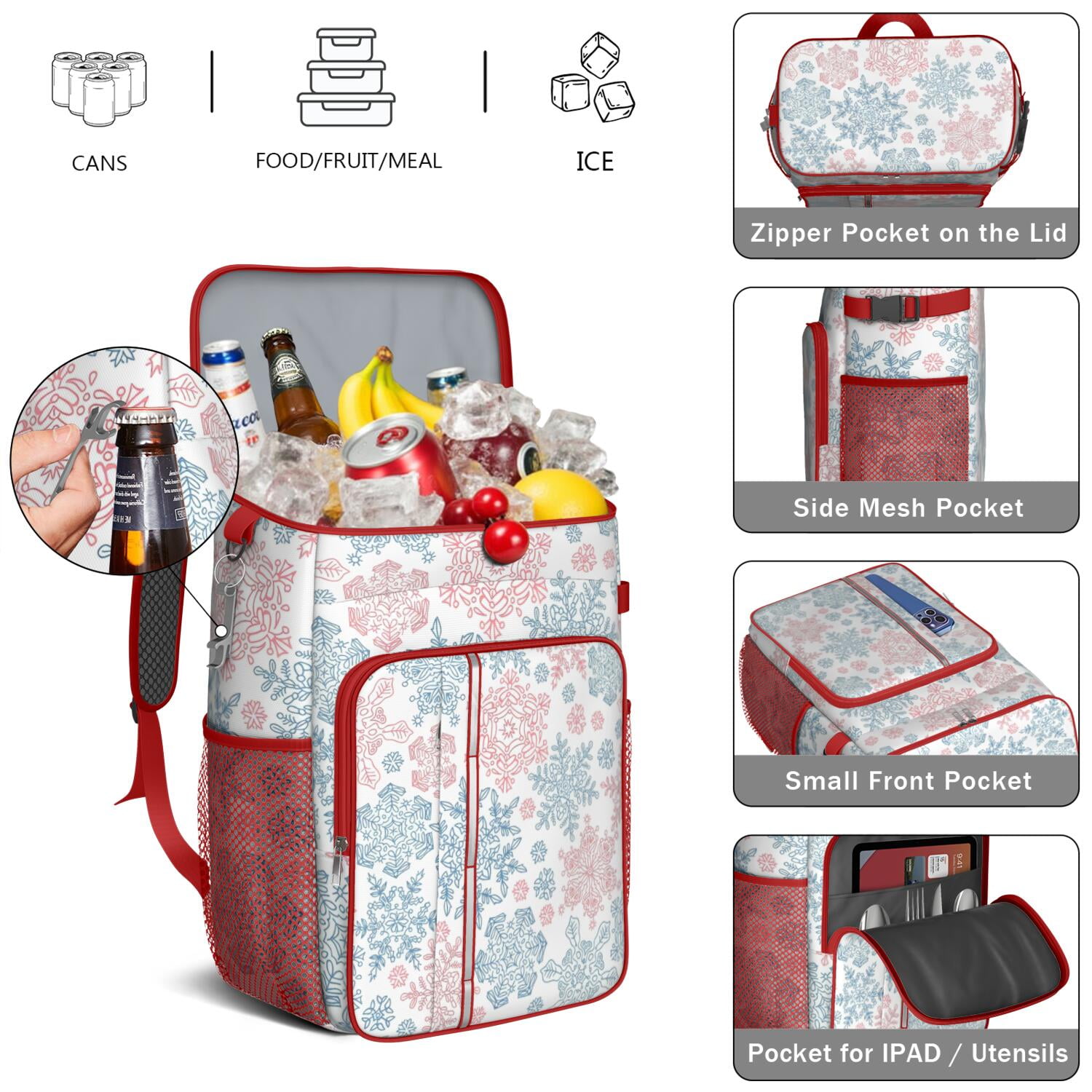 Travel Cooler Bag - Blue and Pink Christmas Snowflake Pattern Camping Beer Cooler Backpack with Bottle Opener- Waterproof Insulated Picnic Backpacks - Cooler Bag for Beach