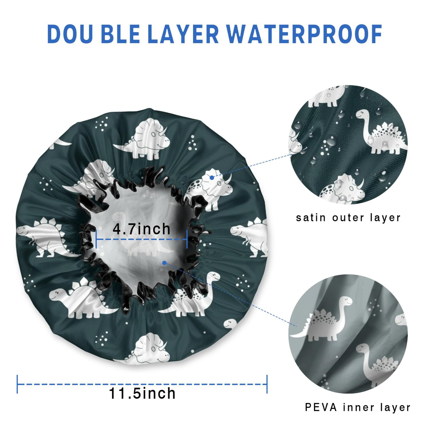 Shower Caps,Black Dinosaurs Silhouette Pattern Waterproof Shower Cap for Women 4 Pieces,Double Reusable Hair Cover for Shower PEVA Elastic Stretch Hem