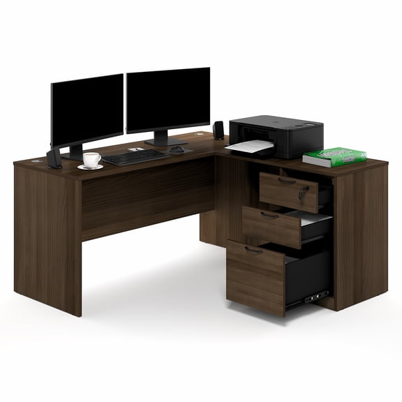 Furinno ROGER 60" L-Shaped Desk with 3-Drawer Cord Grommet Modern Walnut