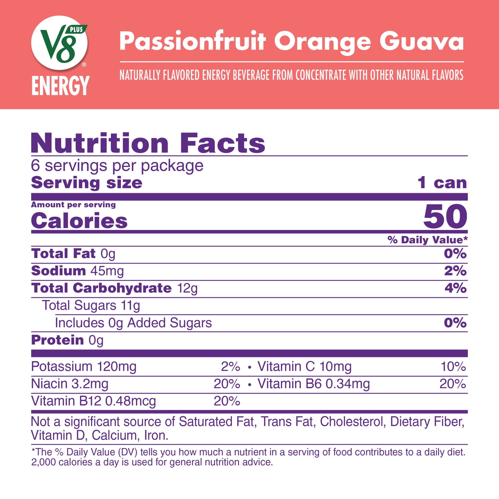 V8 +Energy Passionfruit Orange Guava Juice Energy Drink, 8 fl oz Can, 6 Count ( 3 Box )