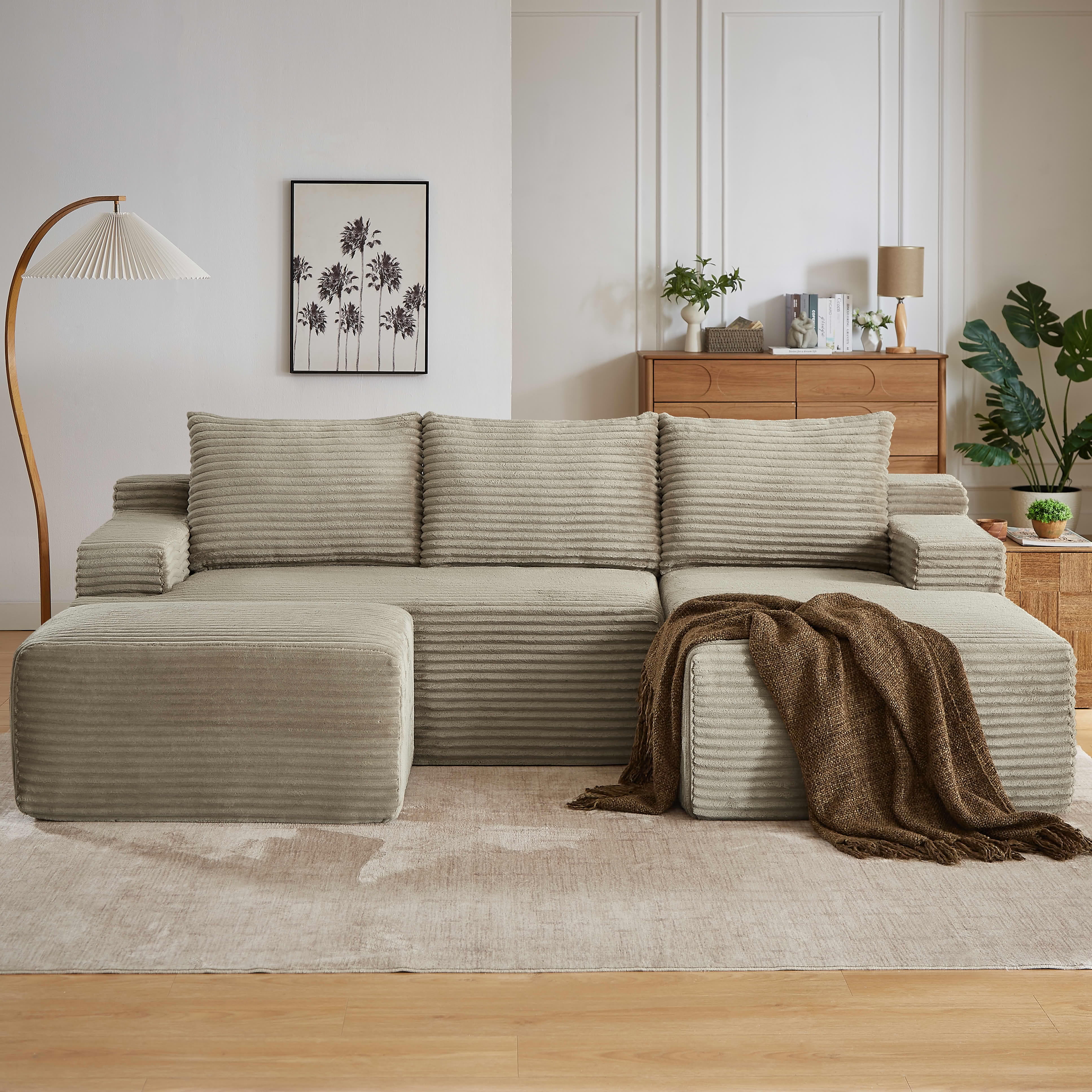 MAYEERTY Corduroy U-Shaped Modular Sofa, Cloud Couch with Sponge & Spring for Living Room, 96" Camel
