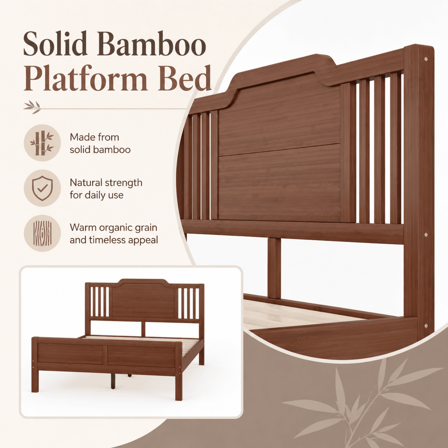 Miniyam Full Size Solid Bamboo Platform Bed Frame with Headboard, Brown