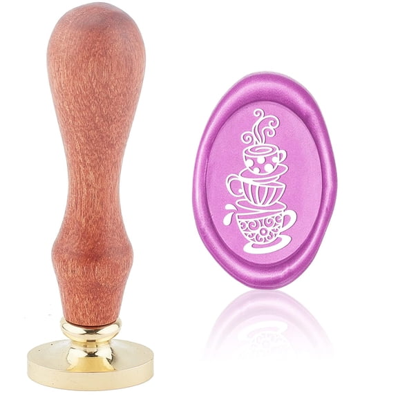 Wax Seal Stamp Coffee Cup Vintage Sealing Wax Stamps Oval Removable Brass Head Sealing Stamp with Wooden Handle for Wedding Invitations Thanksgiving Valentine's Day Gift Wrap for DIY