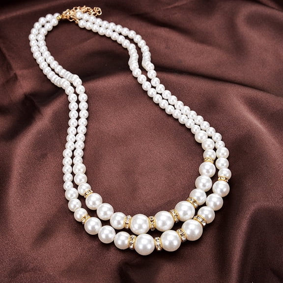 DaXi Women Faux Pearl Beads Rhinestone Inlaid Double Layer Necklace Jewelry-Silver