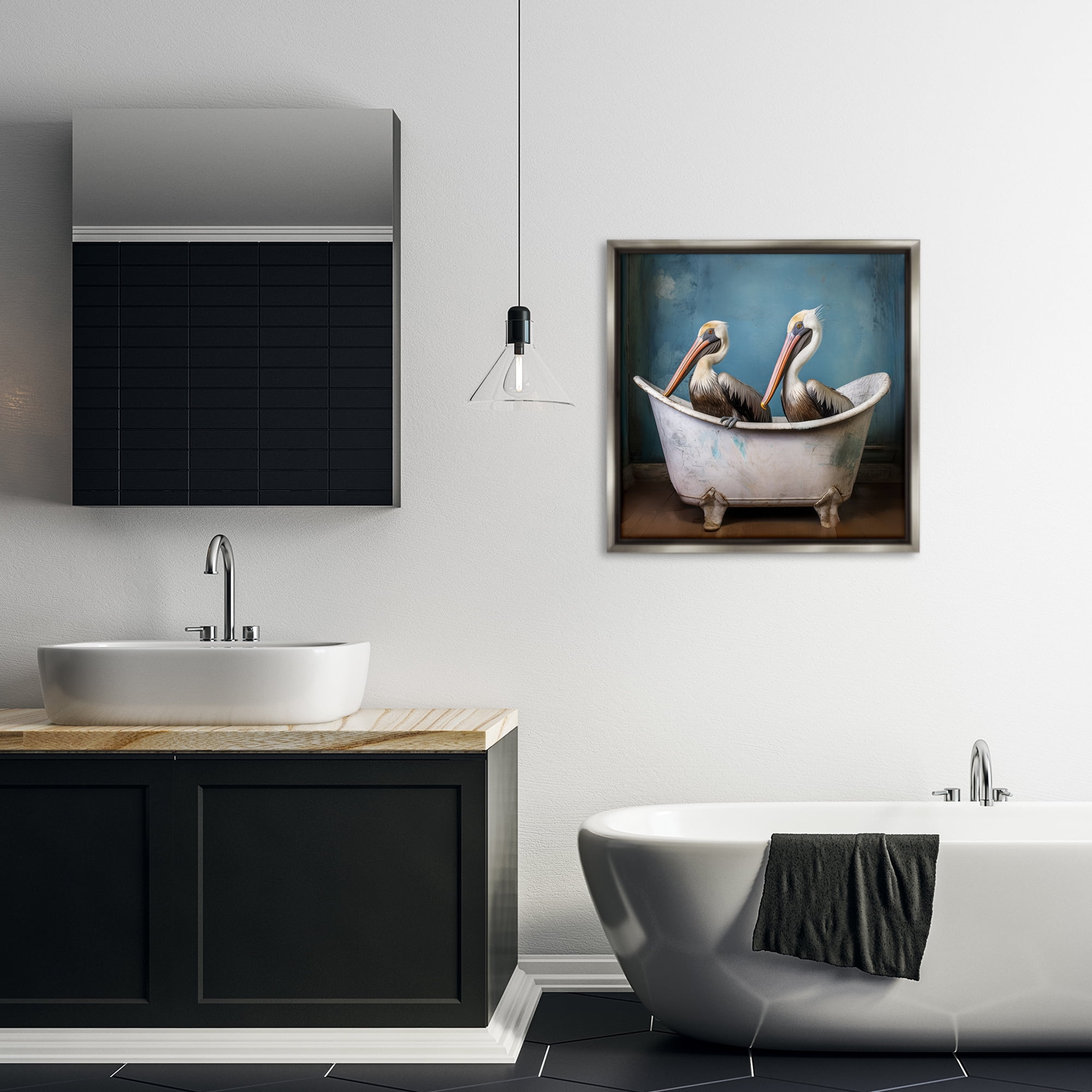 Stupell Industries Pelican Bath Time Typography Painting Gray Floater Framed Canvas Art Print Wall Art, 25 x 25