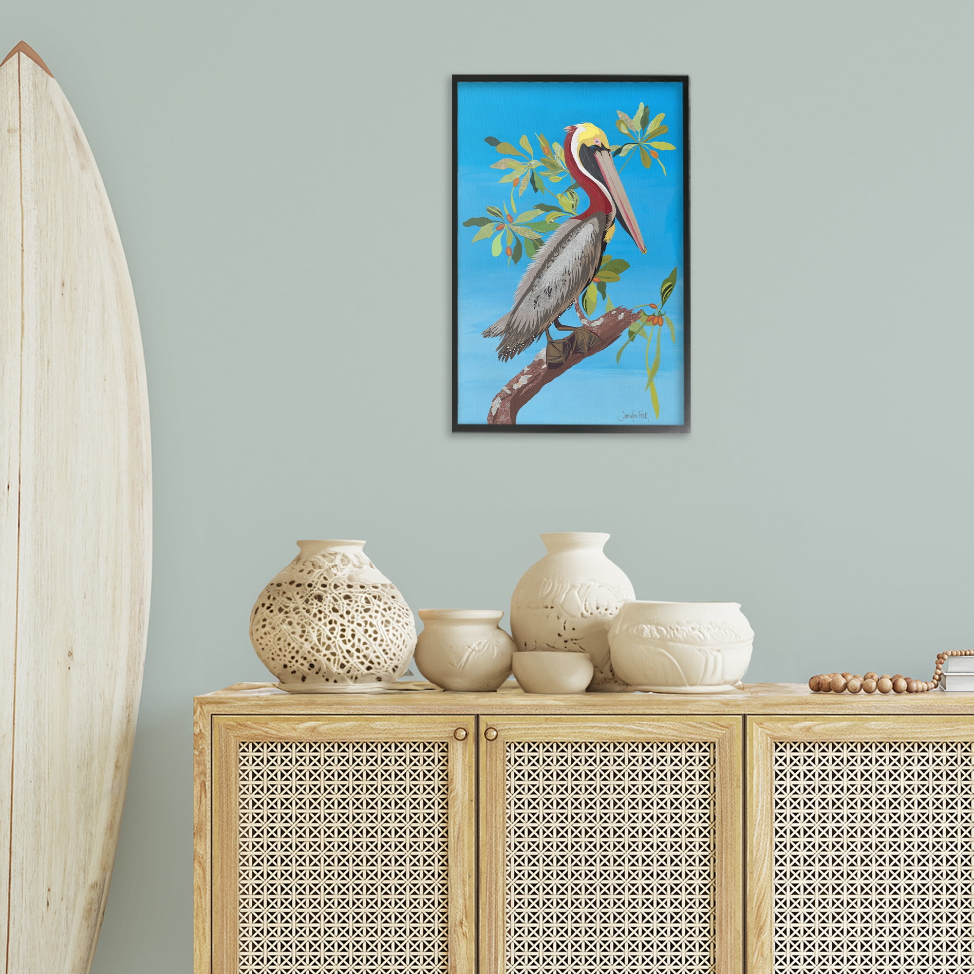 Stupell Industries Brown Pelican on Tree Animals & Insects Painting Black Framed Art Print Wall Art, 16 x 24