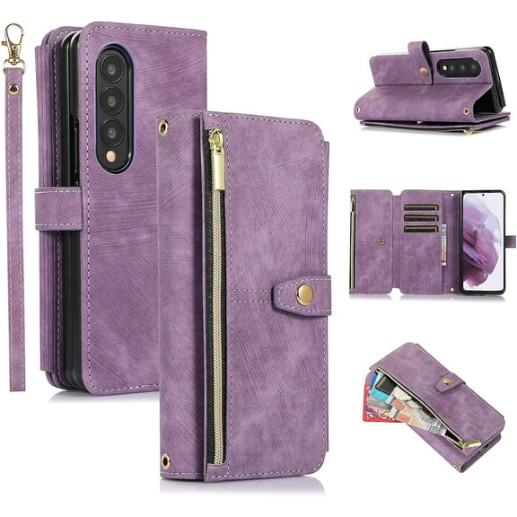 Case for Samsung Galaxy Z Fold 4 5G, 9 Card Slots Retro Leather Wallet Shockproof Flip Cover with Hand Strap Card Slots Zipper Pocket Kickstand Handbag Magnetic Closure - Retro Purple