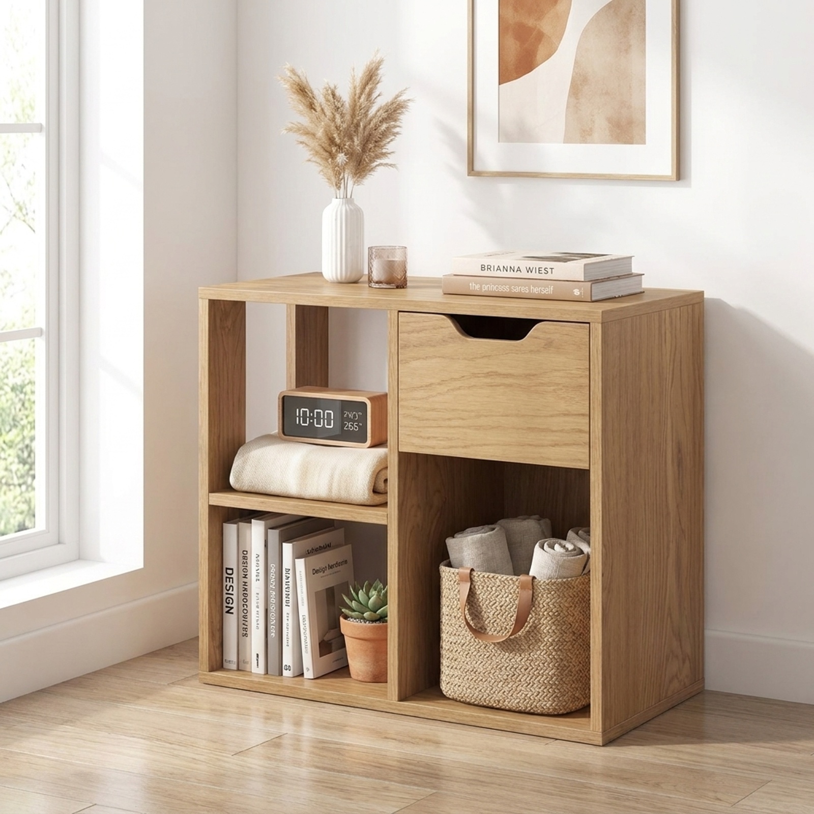 Furnibear 3-Cube Bookcase 2-tier Wooden Storage Shelf with Pull-out Drawer for Living Room Home Office Bedroom Display Storage Shelf, Natural