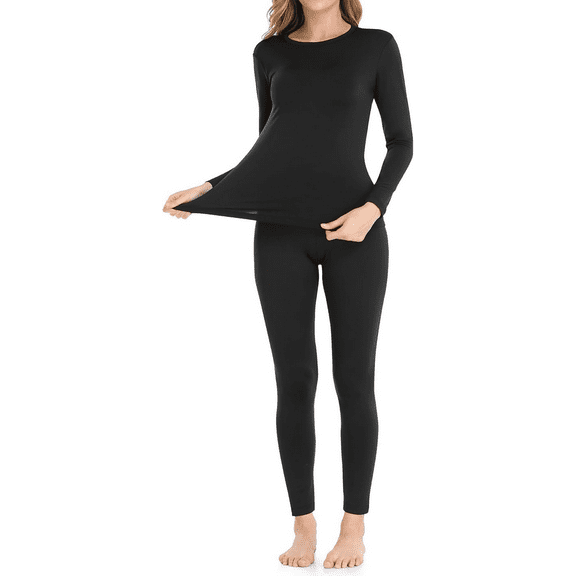 Women's Ultra-Soft Micro-Fleece Lined Thermal Base Layer Top & Legging Set, Black, Small