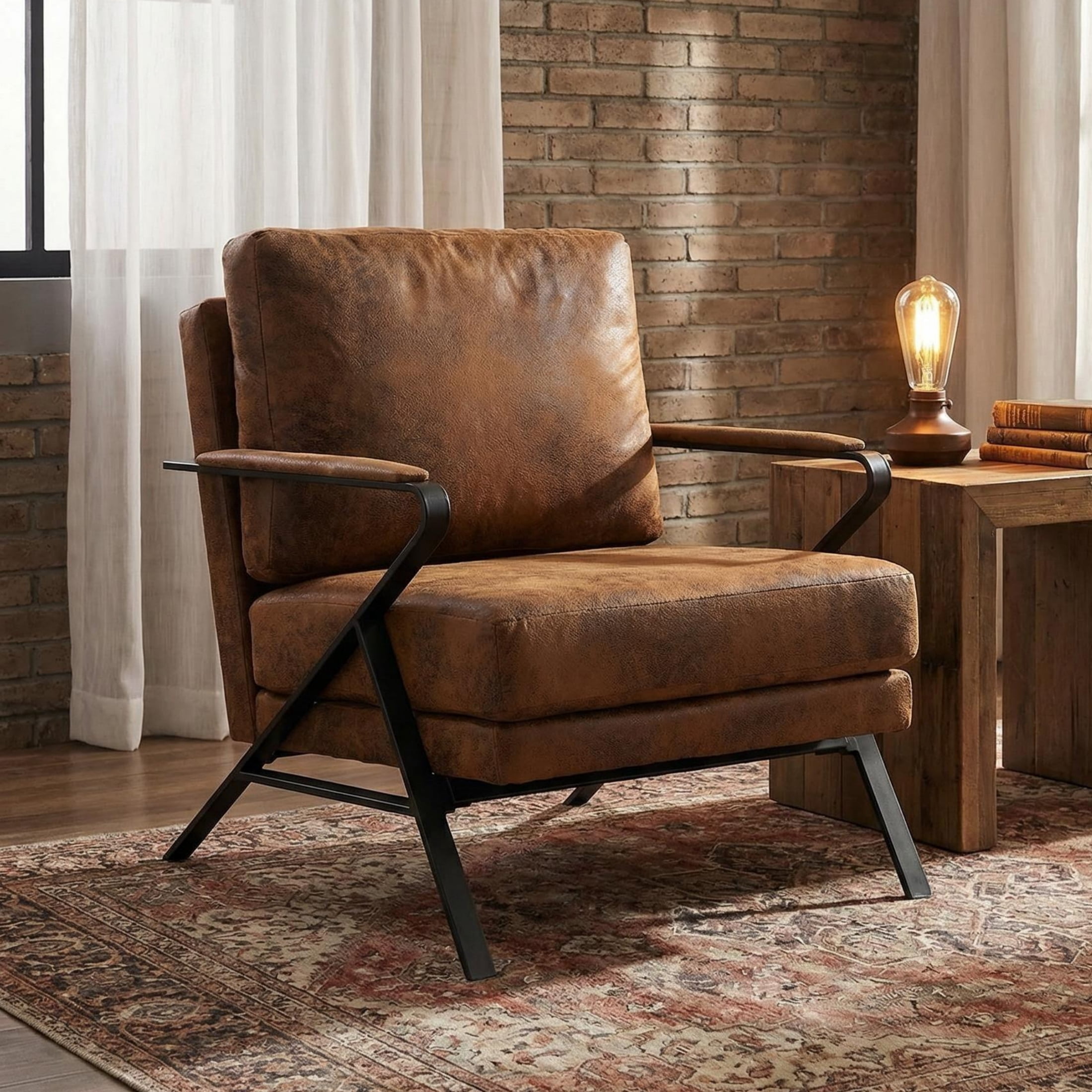 Vinform Mid-Century Accent Chair, Arm Chair with Upholstered Thicker Cushion, Metal Frame for Living Room, Caramel Brown