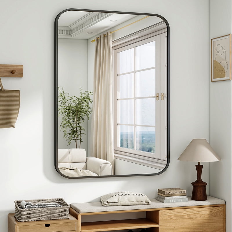 Easy4Home 40"x30" Rectangular Bathroom Mirror Hanging Rounded Corners Vanity Mirror Wall Mounted, Black