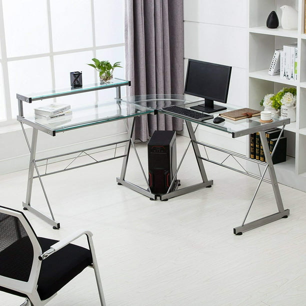 Computer Desk Glass Laptop Table Workstation Home Office Furniture Mecor L Shape Corner