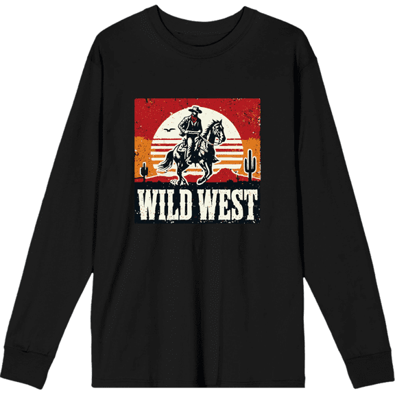 Wild West Cowboy Sunset Ride Adult Black Crew Neck Long Sleeve Shirt-Medium