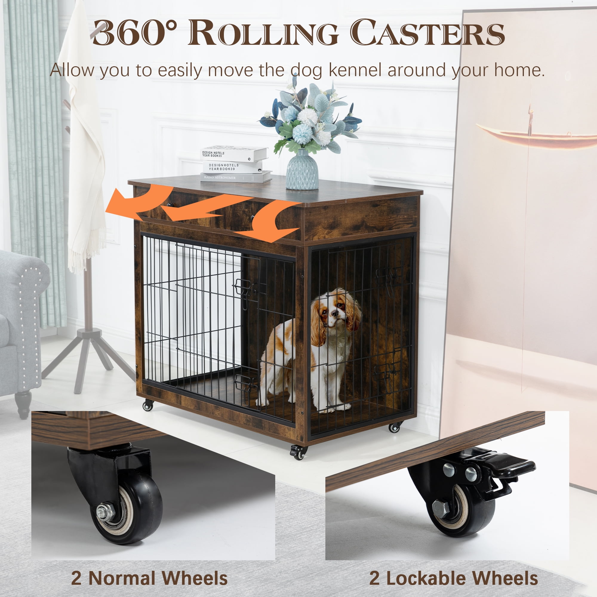 Pefilos 31" Wooden Dog Crate Furniture with 2 Drawers Storage, Indoor Dog Kennel, Heavy Duty Dog Cage for Small, Brown Pefilos 31" Wooden Dog Crate Furniture with 2 Drawers Storage, Indoor Dog Kennel, Heavy Duty Dog Cage for Small, Brown