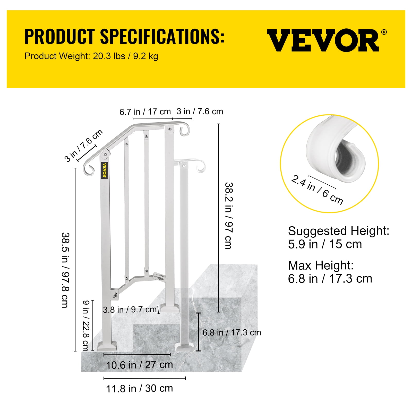 VEVORbrand Handrail for Stairs Outdoor Step Handrail Picket 1 Fits 1 or 2 Steps Rail Height adjustable Wrought Iron Handrail, Matte White