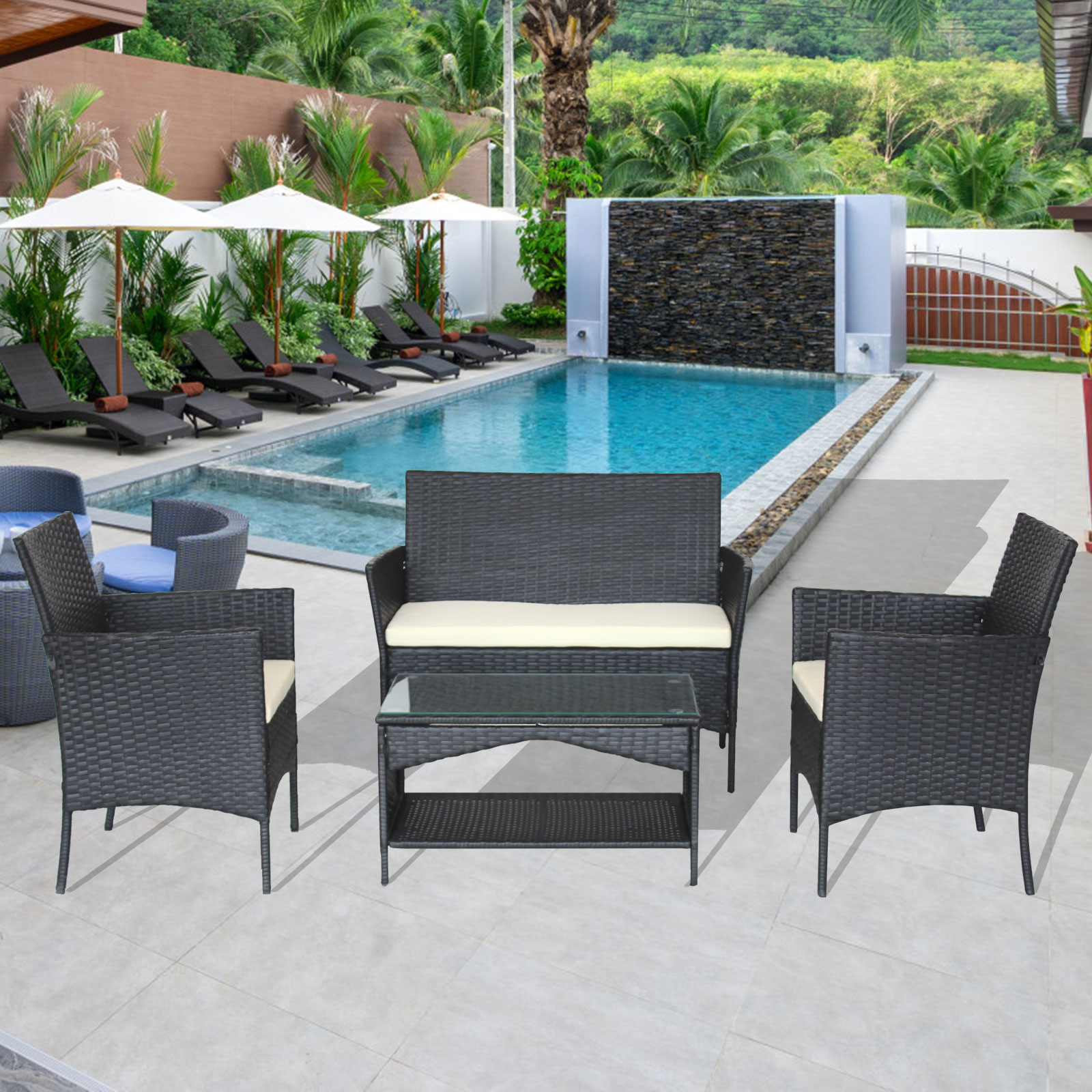uhomepro Bistro Patio Furniture, 4 Piece Rattan Wicker Outdoor Conversation Sets for Backyard Poolside Garden, 2pcs Arm Chairs, 1pc Love Seat, Coffee Table, Beige Cushion - image 1 of 10