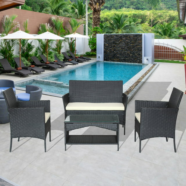 uhomepro Bistro Patio Furniture, 4 Piece Rattan Wicker Outdoor Conversation Sets for Backyard Poolside Garden, 2pcs Arm Chairs, 1pc Love Seat, Coffee Table, Beige Cushion