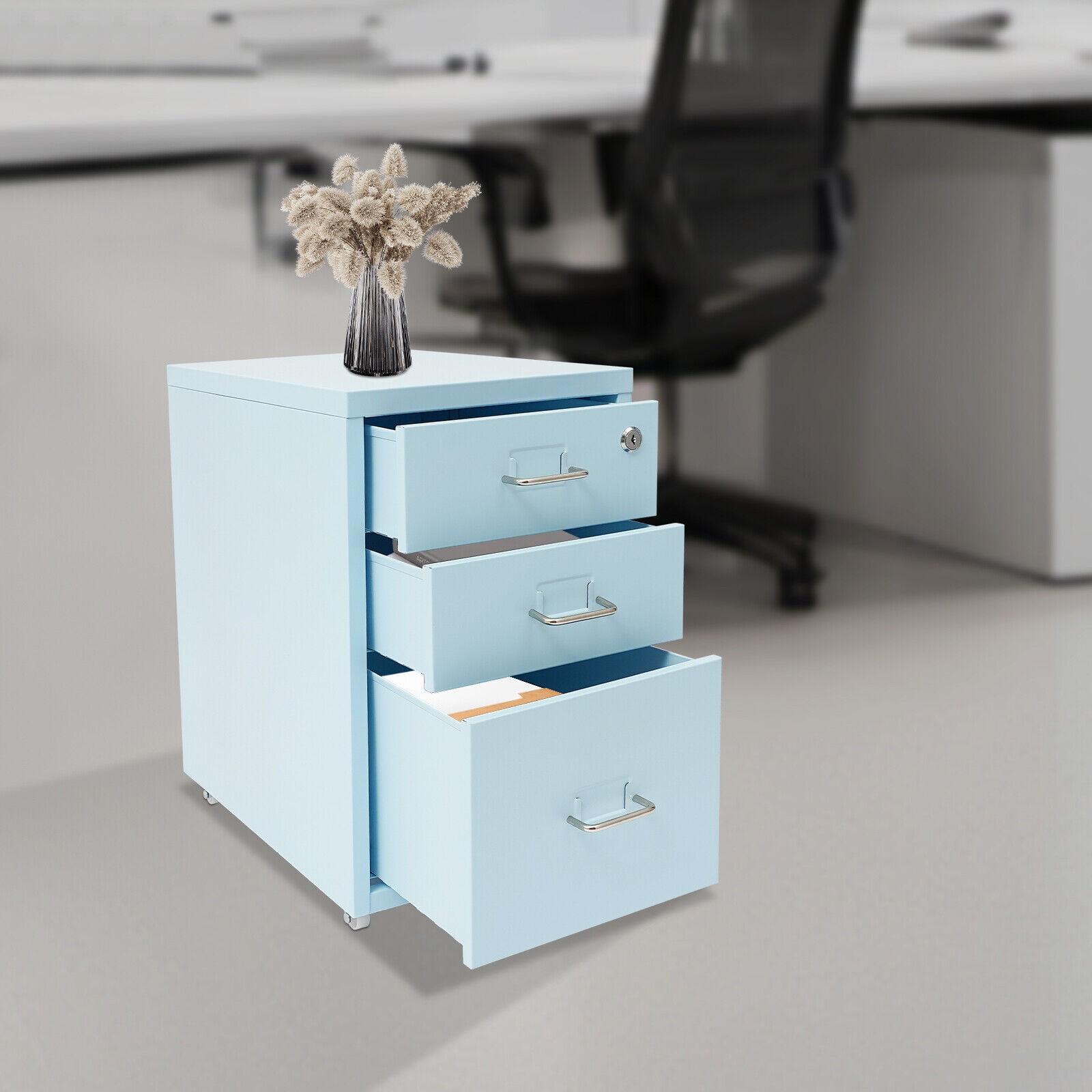 TFCFL 3 Tier Rolling File Cabinet Drawers Organizer Office Lockable Filing Organizer with 4 Wheels