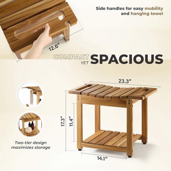 Teak Shower Bench Seat with Storage Shelf, Wood Shower Benches for Inside Shower to Sit on, Teak Shower Stool & Spa for Elderly with Shower Head Holder & Built in Handle for Bathroom/Outdoor