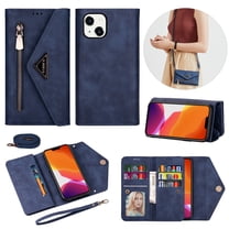 Feishell Crossbody Bag Wallet Case for iPhone 13 (6.1 Inch),for Women Men,Luxury PU Leather Zipper Pocket Magnetic Buckle Flip Stand Card Slots Purse Phone Case with Shoulder & Wrist Strap,Blue