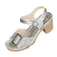 thumbnail image 2 of Sandals For Women 2025 Chunky Heel Open Toe Ankle Straps Peep Toe Shoes with Buckle for Women's Trendy Casual Daily Outdoor Beach Sandals Silver 39, 2 of 6