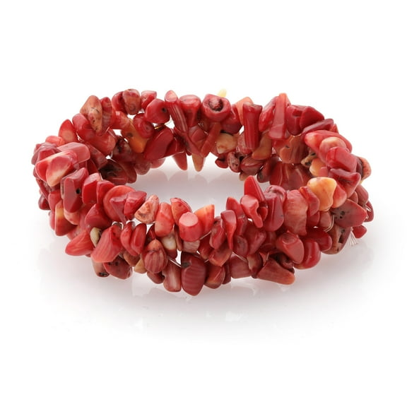 Gem Stone King 8 inch Multi Strands Red Simulated Coral Stone Chips Stretch Bangle Bracelet for Women