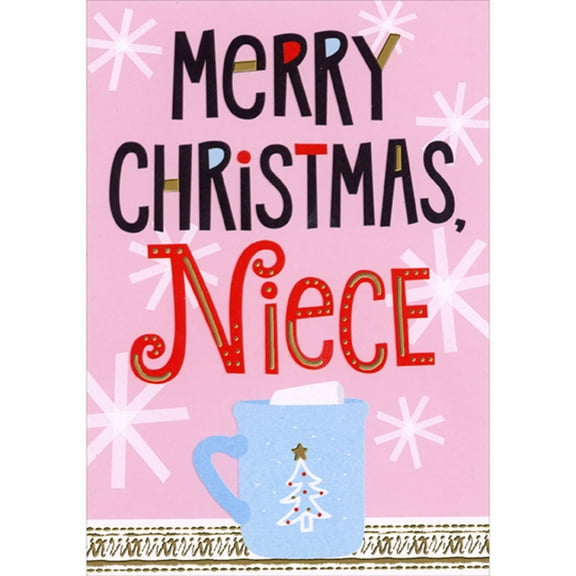 Designer Greetings Blue Mug with Tree and Gold Star on Pink Christmas Card for Teen / Teenage Niece