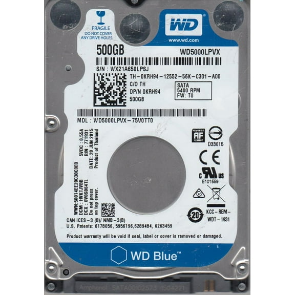 WD5000LPVX-75V0TT0, DCM HVKTJVBB, Western Digital 500GB SATA 2.5 Hard Drive