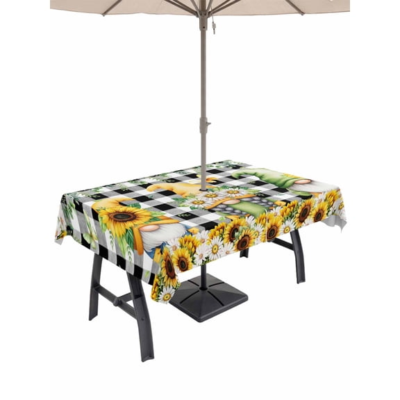 Outdoor Tablecloths with Umbrella Hole & Zipper, Spring Gnomes Tablecloth Rectangle 60x84 Inch, Botanical Budding Sunflowers Buffalo Plaid Waterproof Table Cloth, Patio/Pool/Picnic Table Covers
