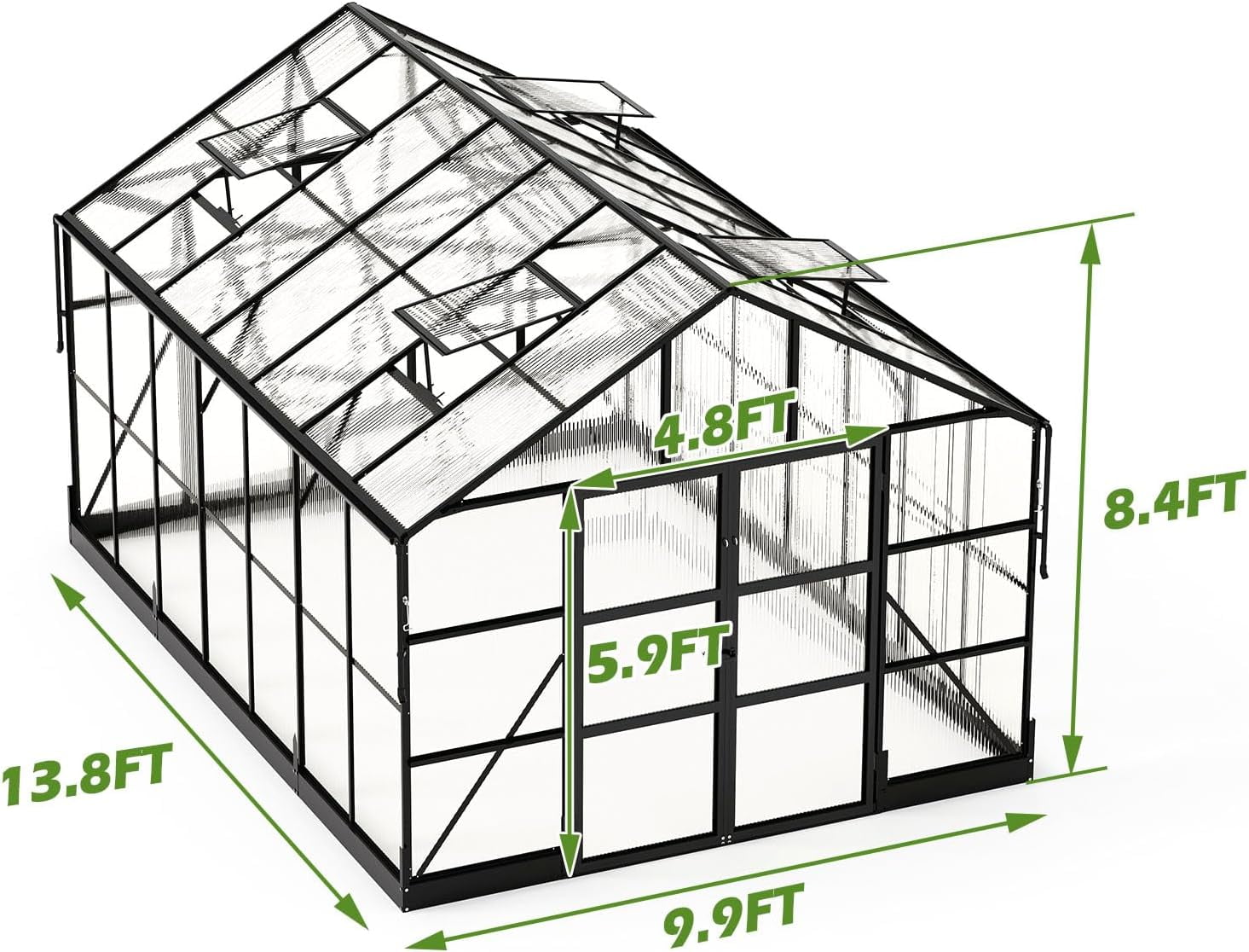 Jocisland 10x14 ft Polycarbonate Greenhouse with Rain Gutter & 4 Roof Vents, Heavy Duty Aluminum Greenhouse for Outdoor Garden Backyard, Black