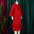 thumbnail image 5 of AURA Plus Size Ruffle A Line Midi Dress Half Open Collar Trumpet Sleeve 3 4 Sleeve Casual Elegant Dress with Zipper, 5 of 11