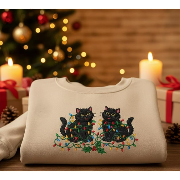 Embroidered Black Cats Christmas Sweatshirt, Cute Holiday Cat Lover Crewneck, Cozy Festive Gift