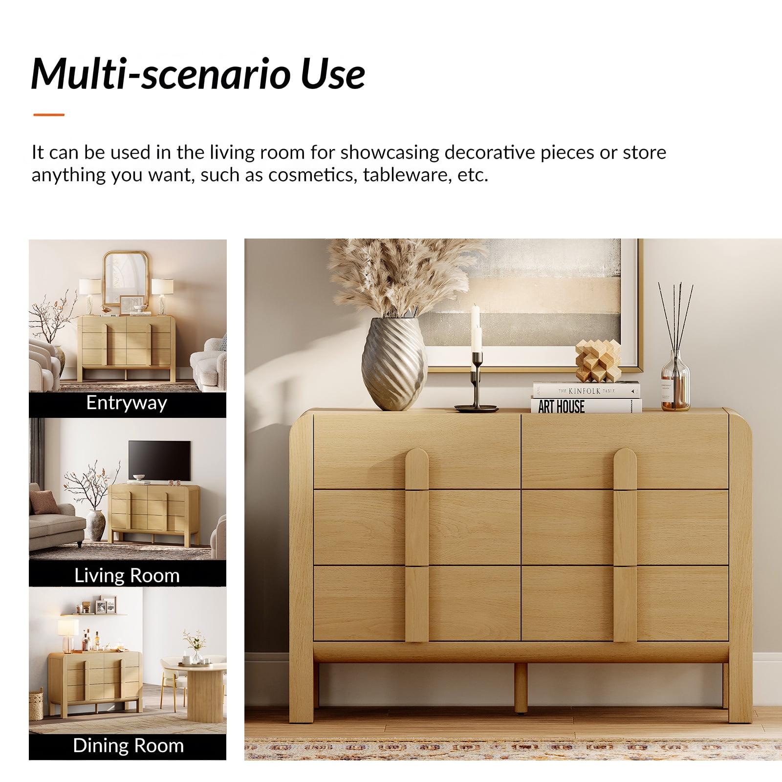 Mid Century 6 Drawer Dresser for Bedroom, Wide Modern Chest of Drawers with Curved Profile Design, Wood Closet Clothes Storage Organizer for Bedroom, Living Room