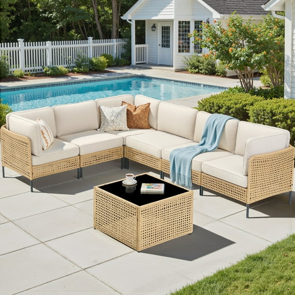 Feishominoo 7-Piece Wicker Patio Furniture Sets, Boho Outdoor Deep Seating Sectional Conversation Sofa with Coffee Table and Beige Cushions