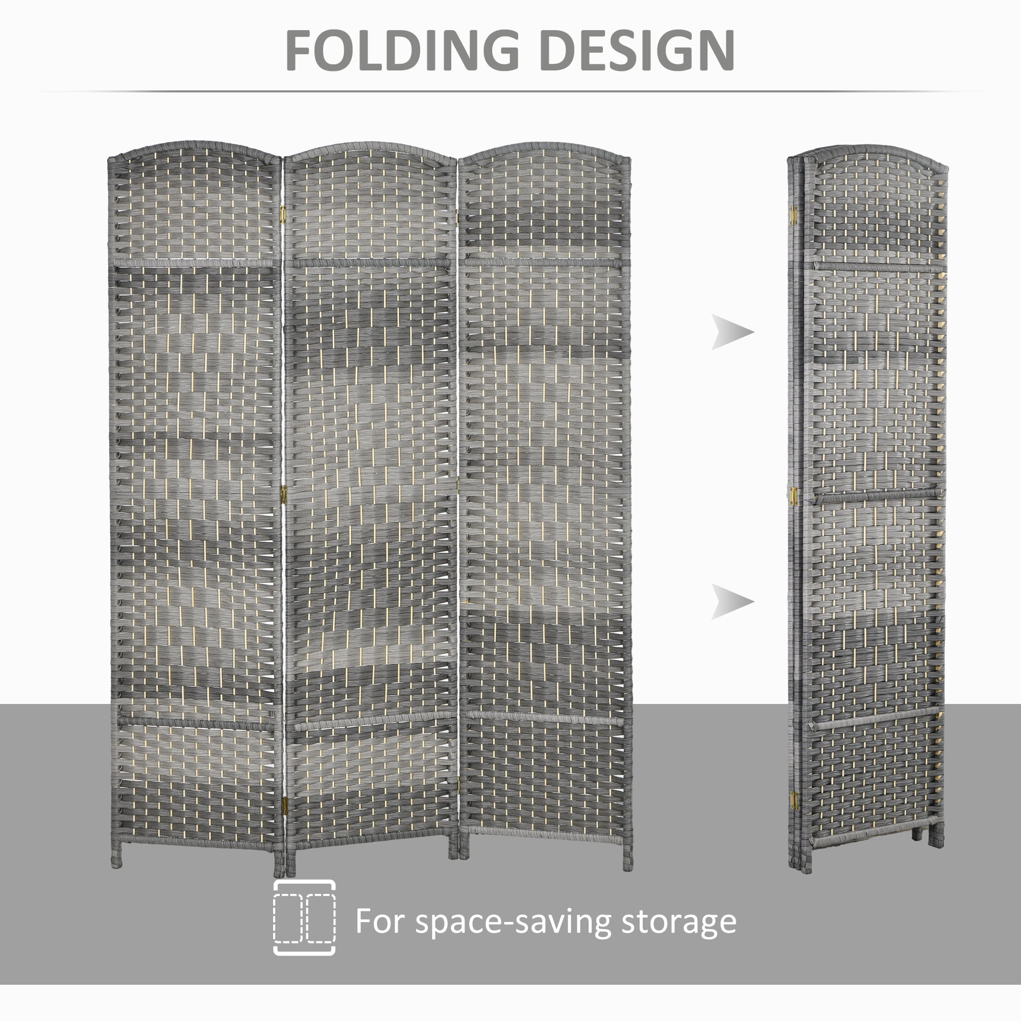 HOMCOM 3 Panel Room Divider Hand-Woven Freestanding Partition, Mixed Gray
