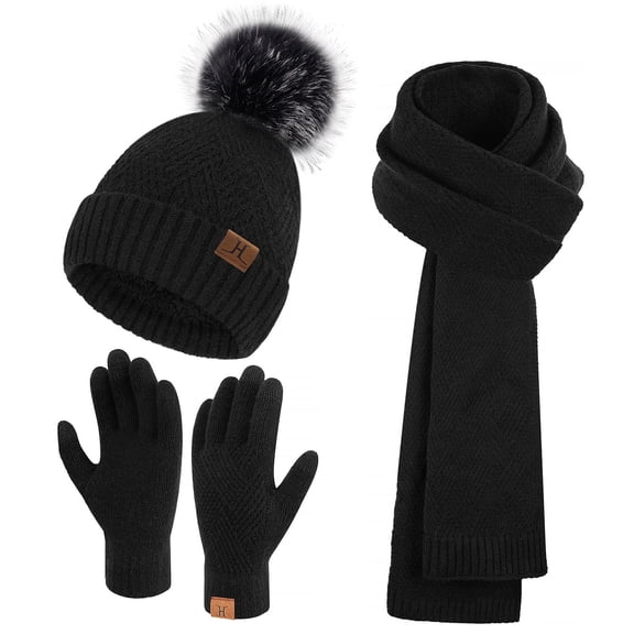 FZ FANTASTIC ZONE Womens Winter Beanie Hats Long Scarf Neck Touchscreen Gloves Set Knitted Pompom Cap with Thermal Fleece Lined