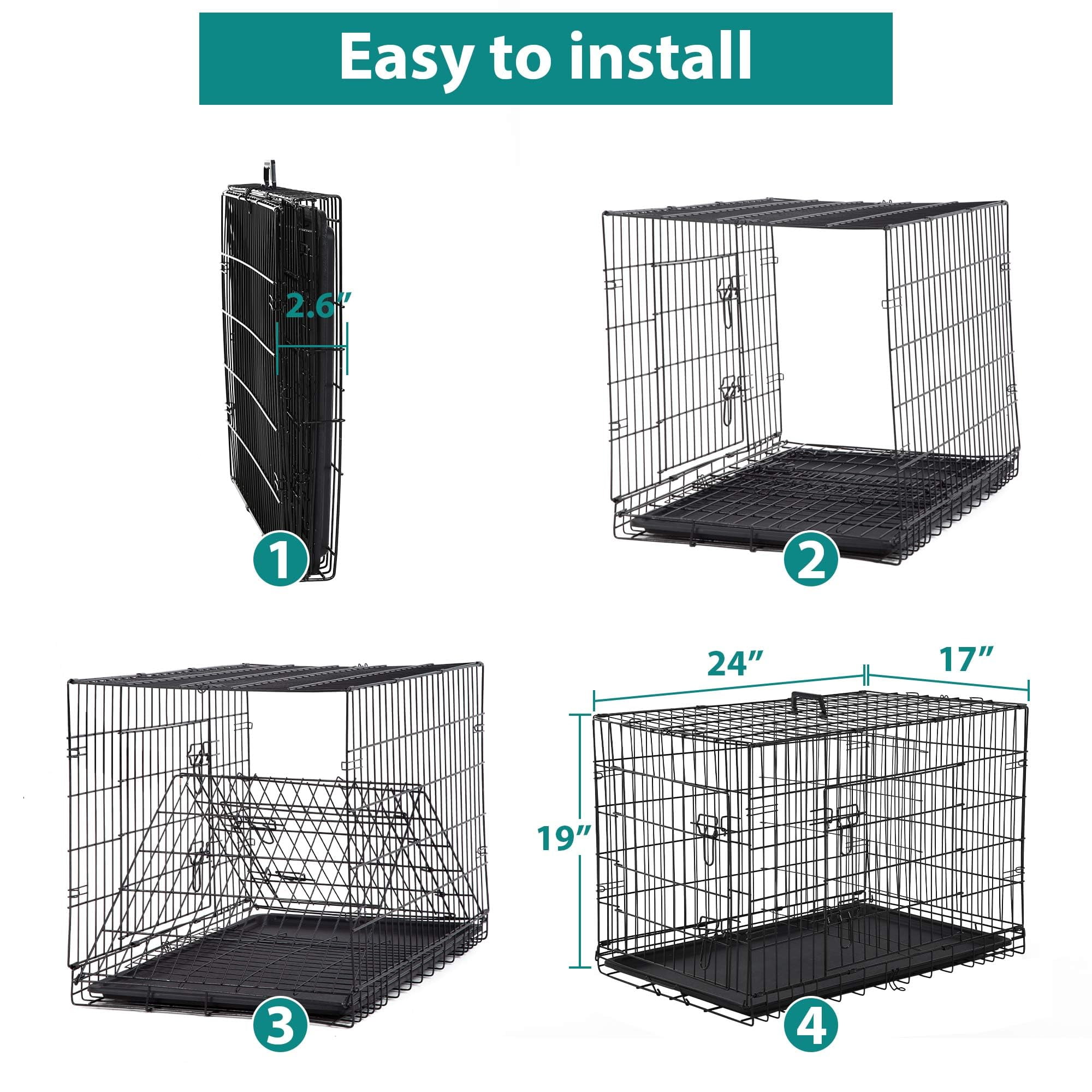 CL.HPAHKL 24 Inch Double Door Folding Portable Metal Dog Crates for Small Dogs, Small Dog Cages with Removable Trays, Locks, Divider Panel, Handle Dog Kennel for Travel, Outdoor, Carry, Home, Black