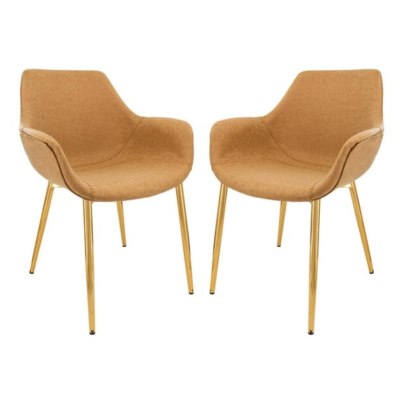 Modern Leather Dining Arm Chairs - Set of 2 - Coastal Cool Style - Gold Metal Legs