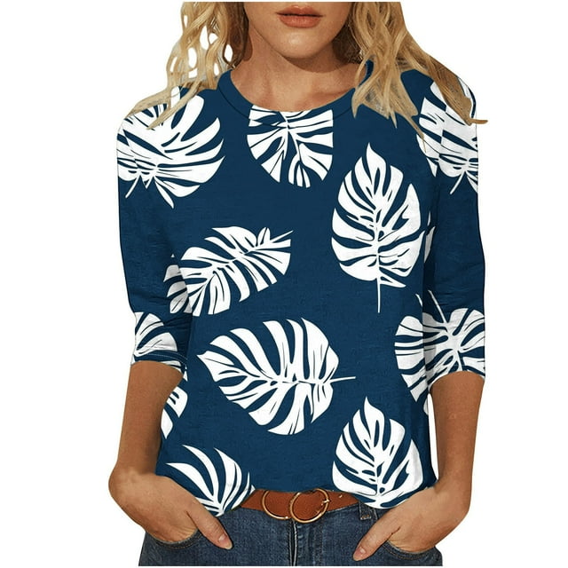 T-shirt pour Femmes, Haut Décontracté à Imprimé Hawaïen à Col Rond et Manches 3/4, Mélange de Polyester, Coupe Régulière, Lavable à la Machine, pour le Quotidien et les Fêtes