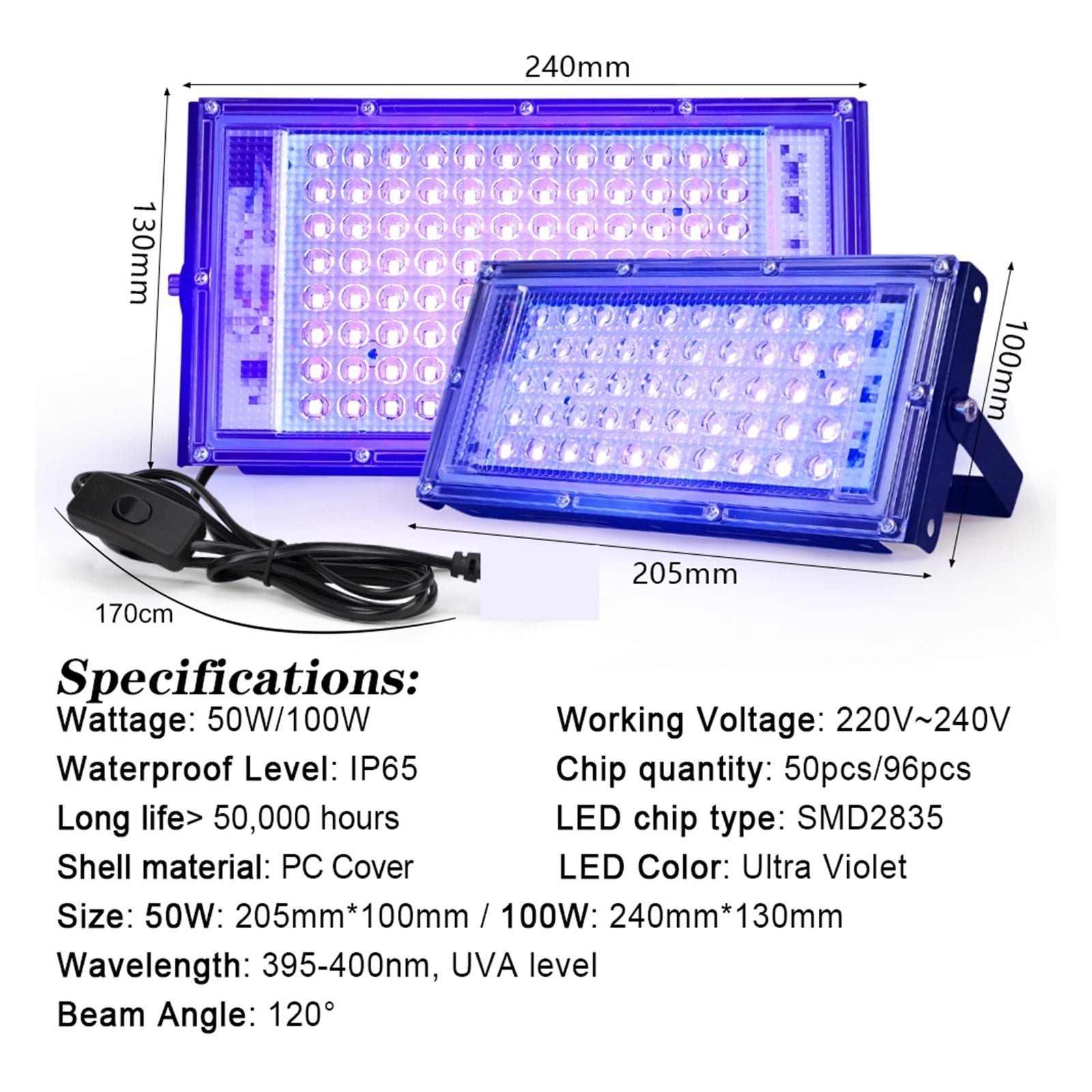 50W 100W UV LED Flood Light Indoor Outdoor Floodlight 395nm 400nm Ultraviolet Fluorescent Stage Lamp Party Spotlight - Wide Angle Beam