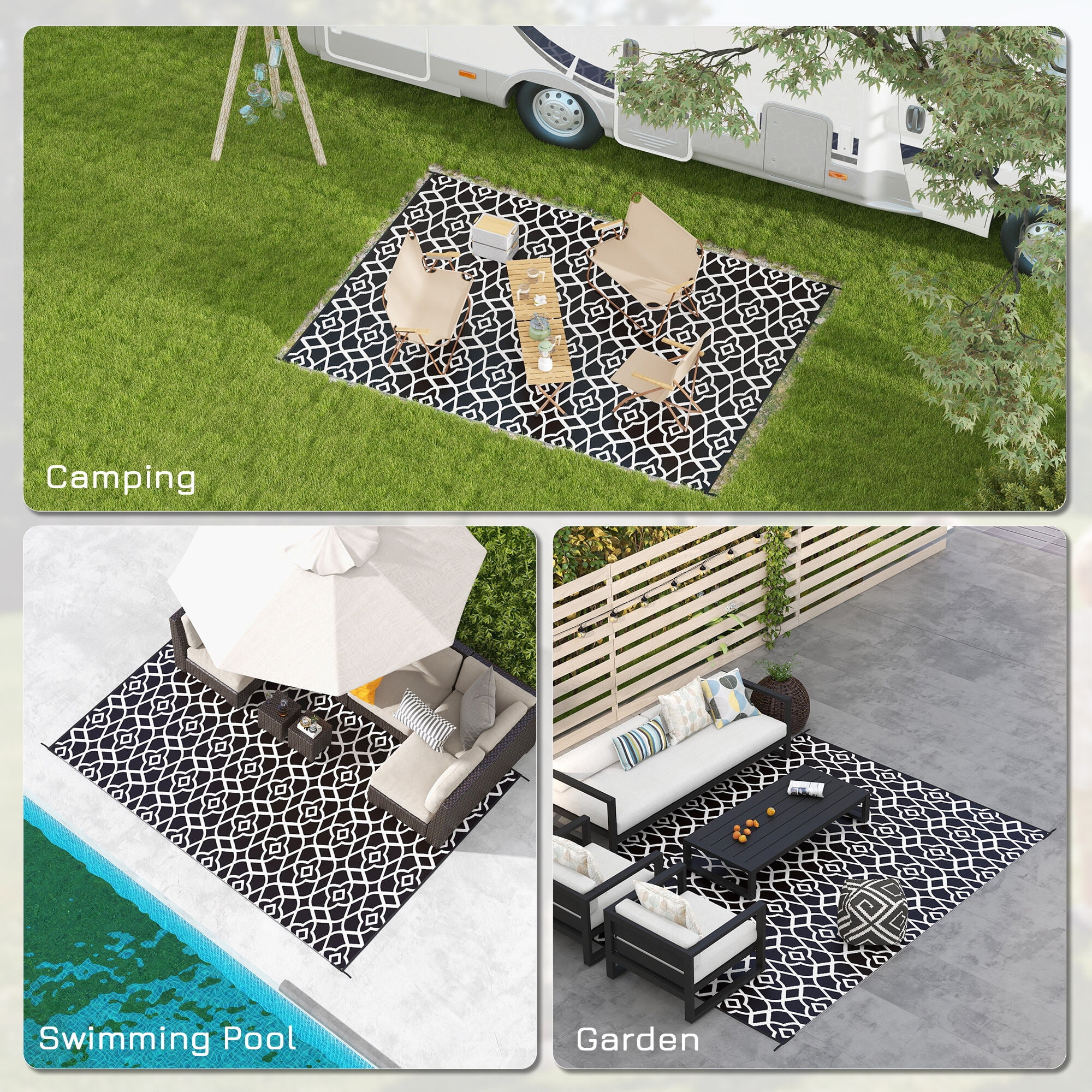 , Reversible Outdoor Rug, 9' x 12' Waterproof Plastic Straw Floor Mat, Portable RV Camping Carpet with Carry Bag, Large Floor Mat for Backyard, Deck, Picnic, Beach, Black & White Clover,