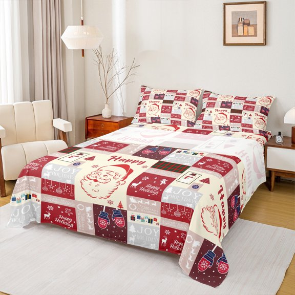 Manfei Happy Holiday Twin Sheet Sets,Christmas Santa Claus Twin Fitted Sheet,Happy New Year Flat Sheet For Girls Boys,Breathable Home Decor,3-Piece